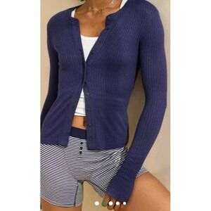 Aerie Women's Blue Ribbed Knit Long Sleeve Stretch Cardigan/Top - SZ M